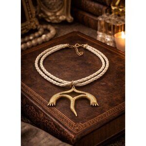 Vintage 80s gold tone textured abstract pendant white braided leather necklace